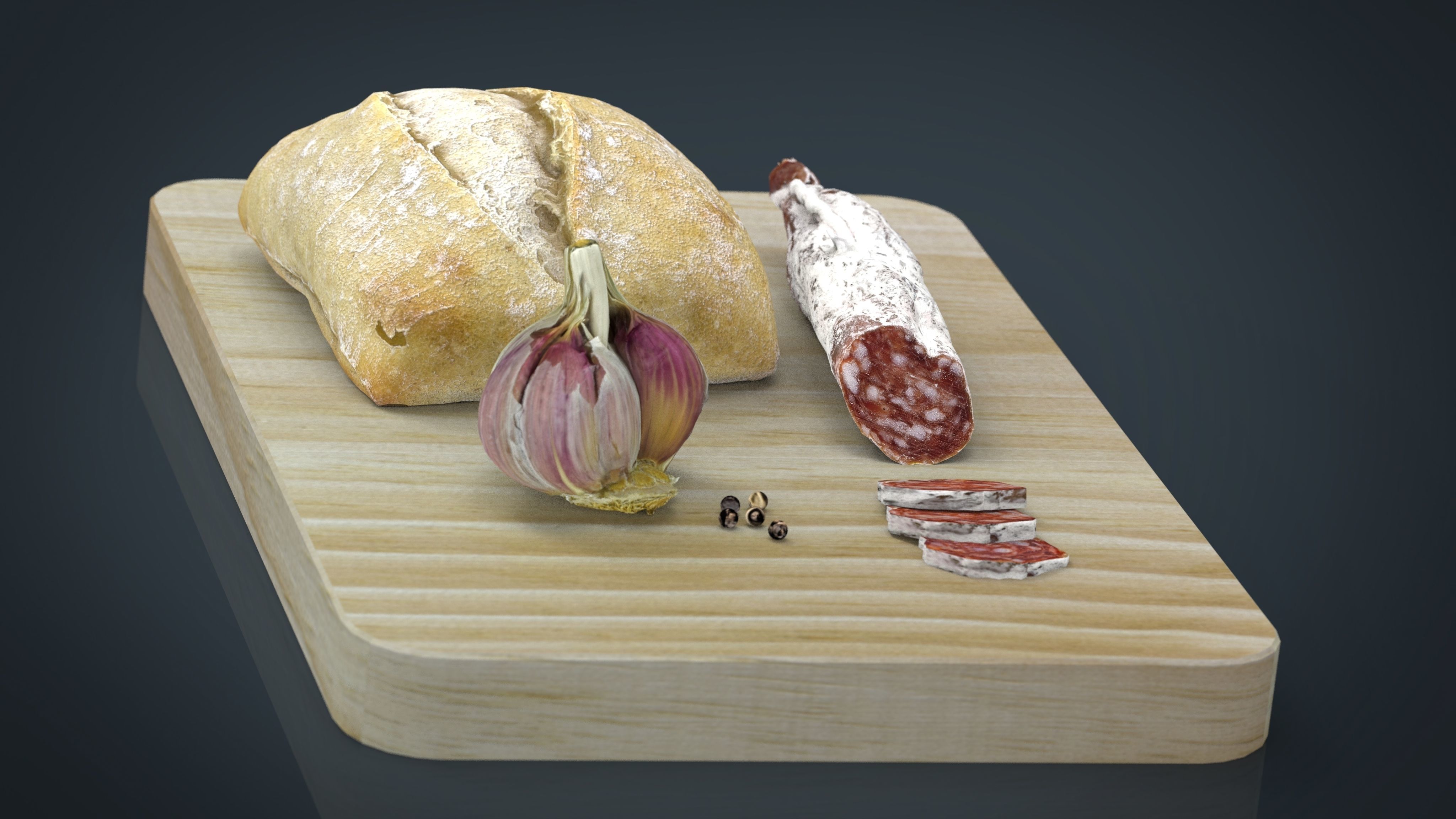 Fuet on a wooden board 3D model_3