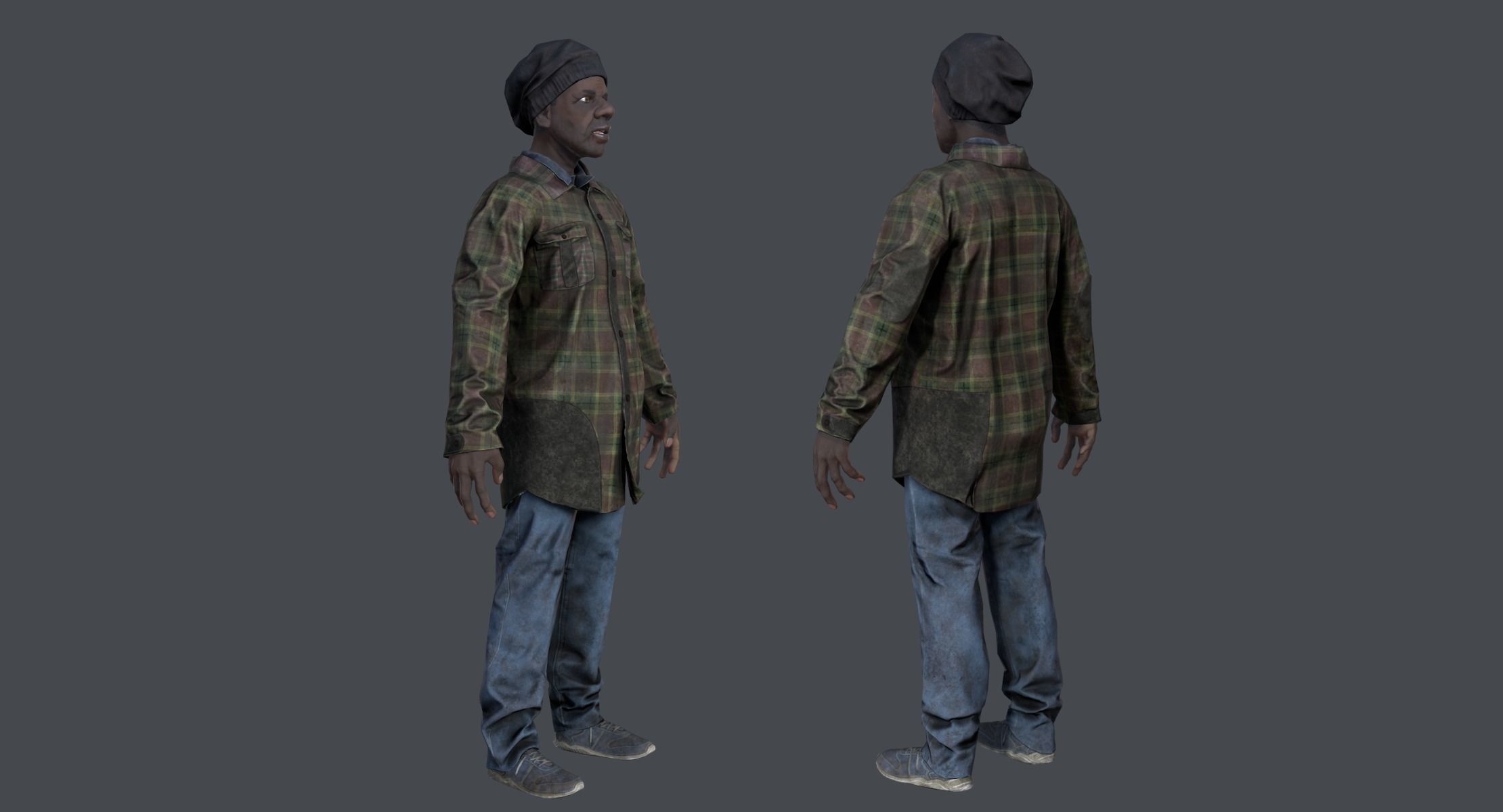 Lowpoly Afro American Homeless Low-poly 3D model_2