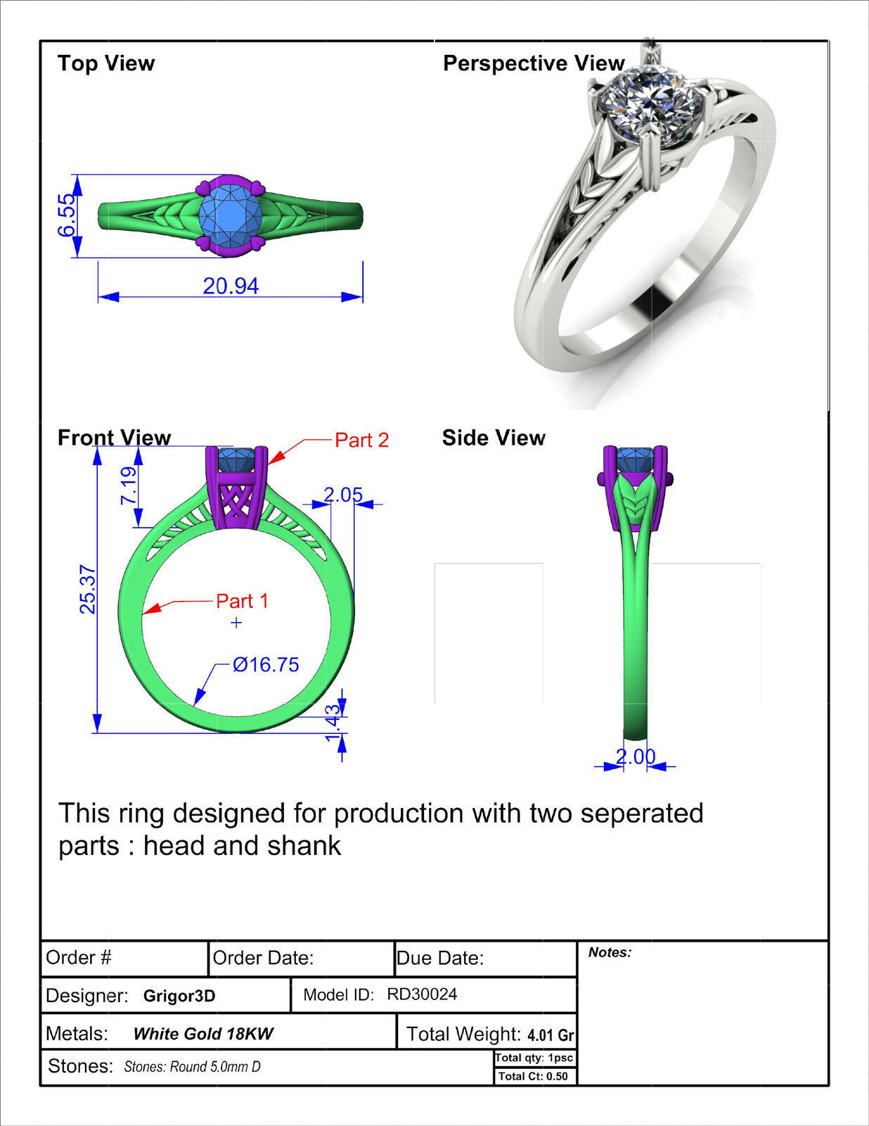 Solitaire Engagement Diamond Ring with split decor shank 3D print model_5
