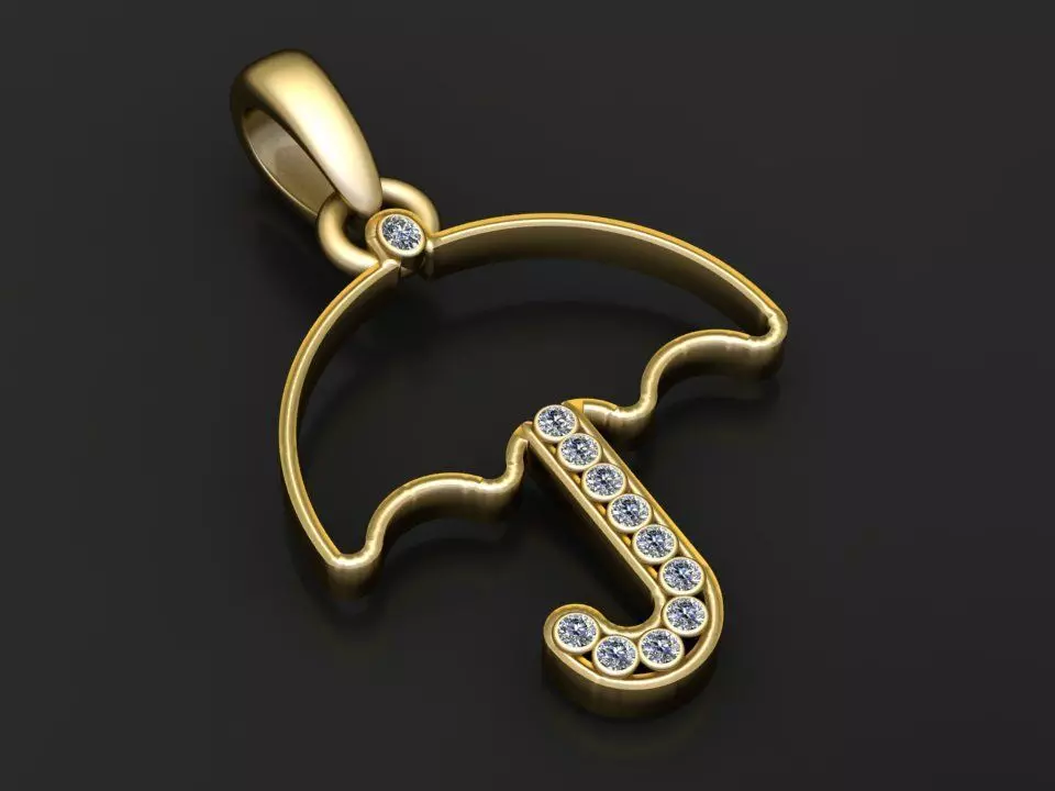 Diamond Set Umbrella Gold Outline Pendant 3D print model
