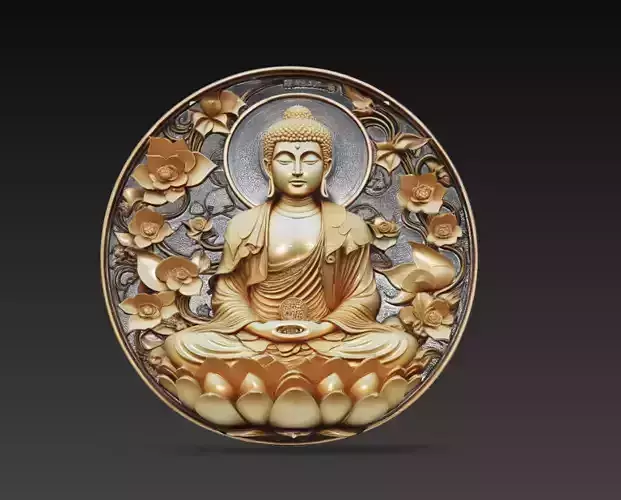 Golden Buddha Relief Medallion Sculpture 3D Model