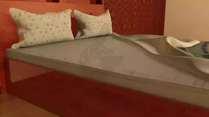 Bed with Quilt and Pillows - Interior Scene