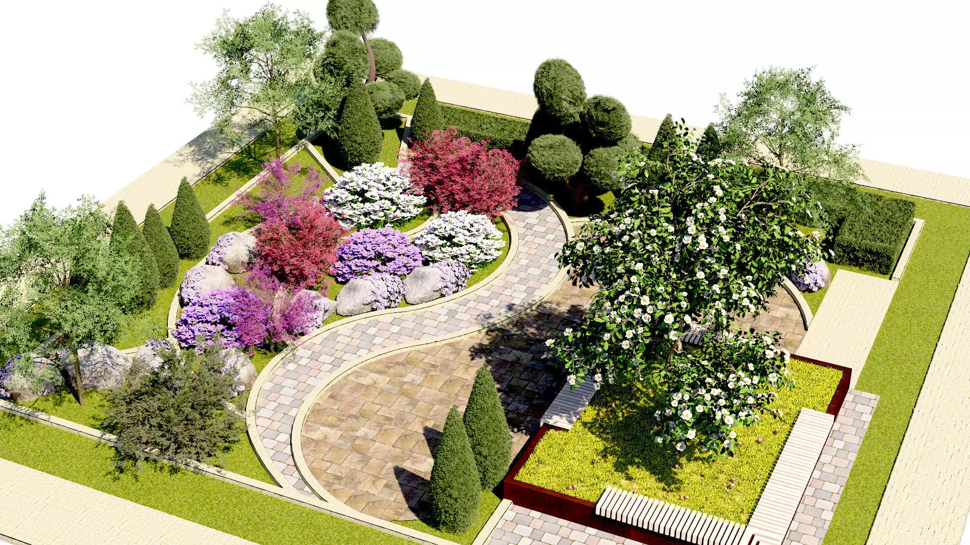 Compact Courtyard with Curved Paving Low-poly 3D model
