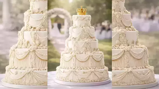 Wedding cake ruffled decoration golden crown pastry 3D model