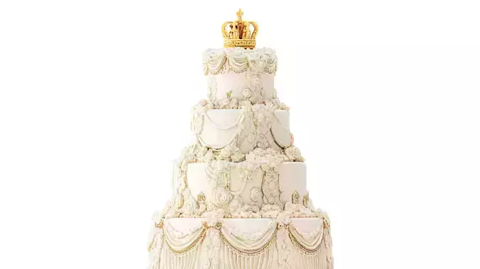 Wedding cake ruffled  decoration golden crown pastry 3D model 5