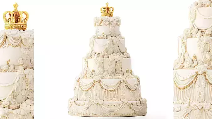 Wedding cake ruffled  decoration golden crown pastry 3D model 3
