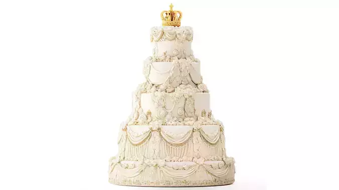 Wedding cake ruffled  decoration golden crown pastry 3D model 2