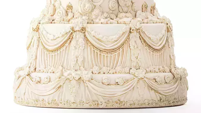 Wedding cake ruffled  decoration golden crown pastry 3D model 4