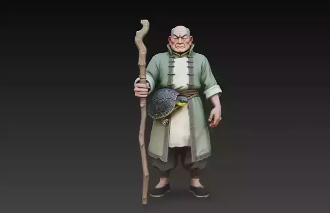 Stylized Asian Monk Elder With Turtle 3D Model