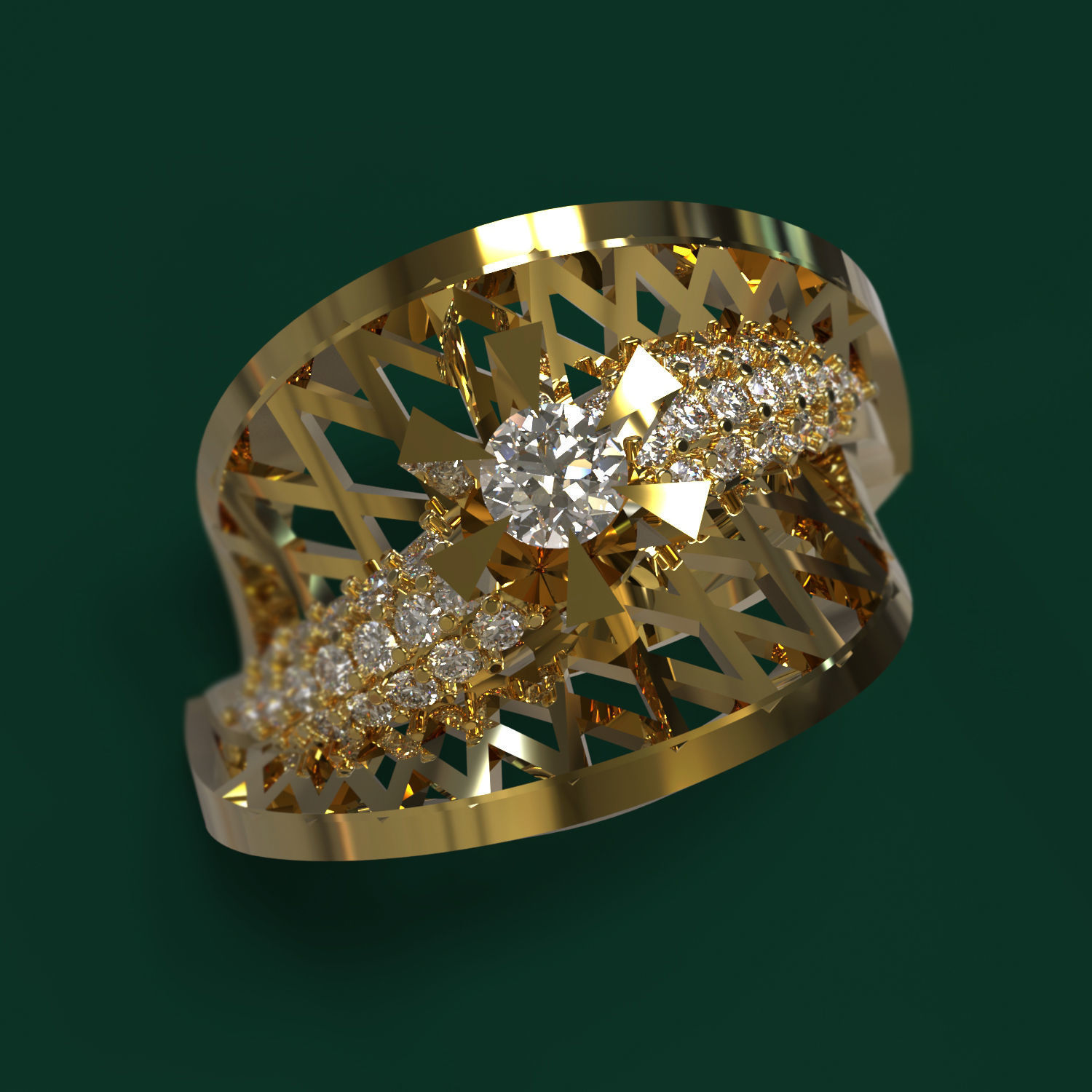 Ring gold with diamonds in center 3D print model_1
