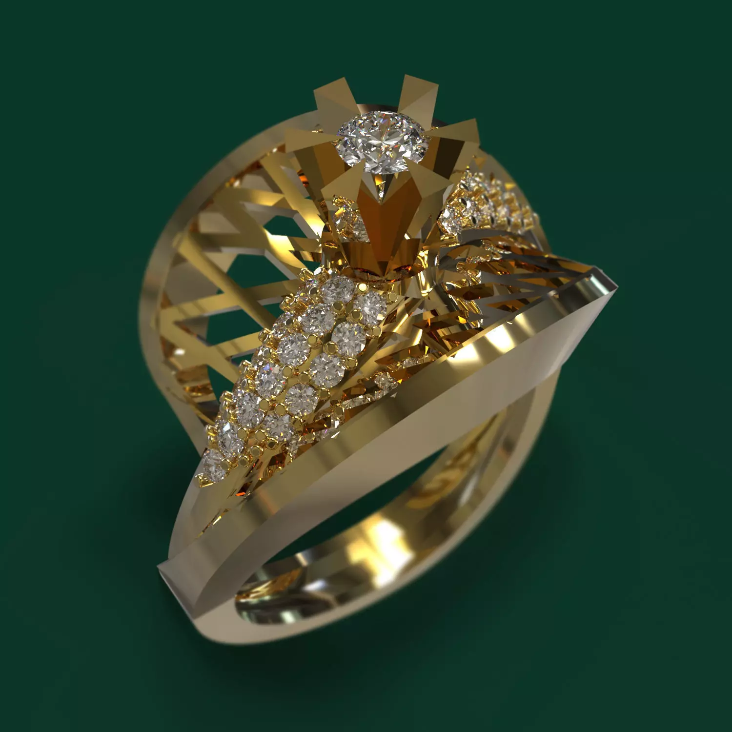 Ring gold with diamonds in center 3D print model_0