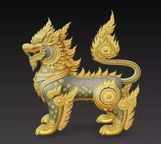 Thai Style Guardian Lion Mythical Creature Sculpture 3D Model
