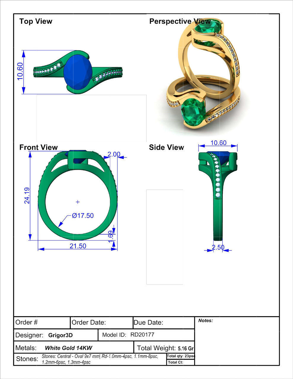 Bypass Oval Gemstone 9x7 Ring 3D print model_4