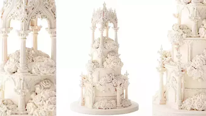 Wedding cake ruffled decor Gothic columns pastry 3D model