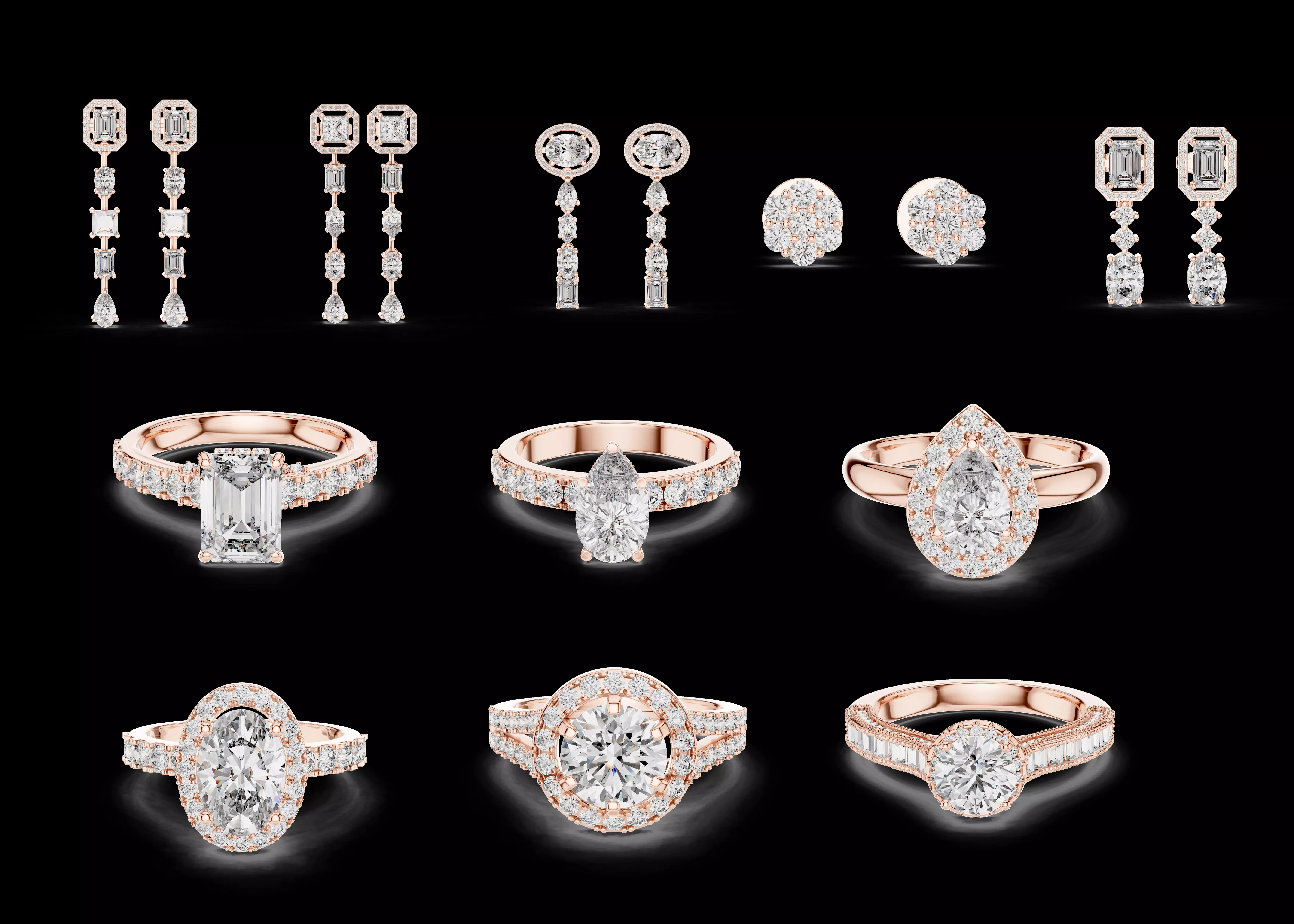 11 Diamond Ring and Earring Set Bundle STL 3DM CAD Jewelry 3D print model
