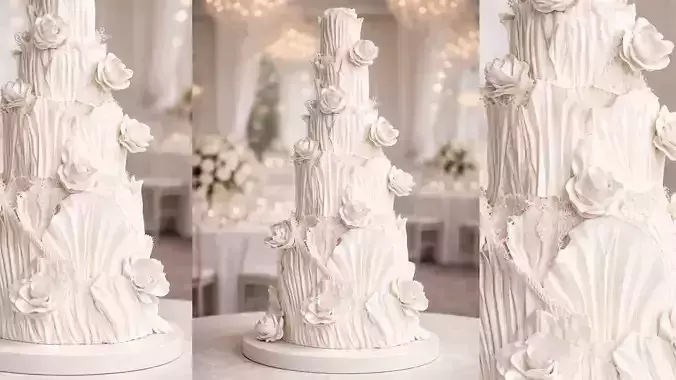 Modern White Wedding Cake Flowers Bouquet Pastry 3D model
