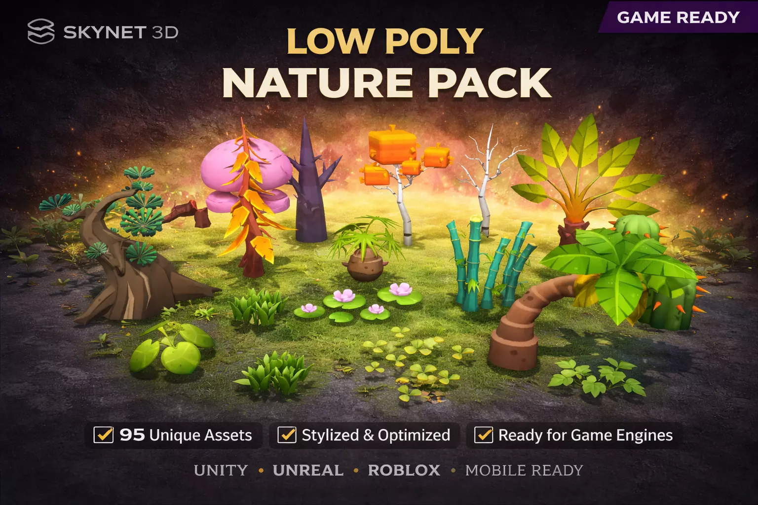 Low Poly Stylized Nature Pack Fantasy Plants Trees Assets Low-poly 3D model