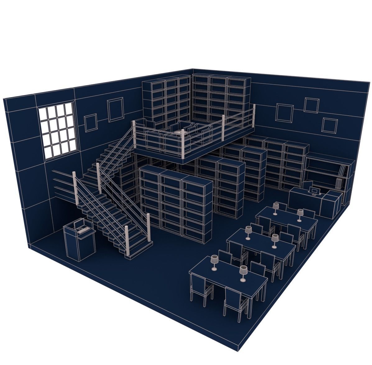 Library with bookshelves and stairs Low-poly 3D model_3