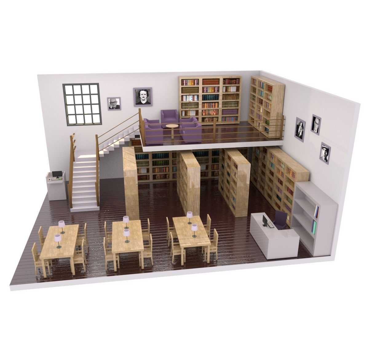 Library with bookshelves and stairs Low-poly 3D model_2