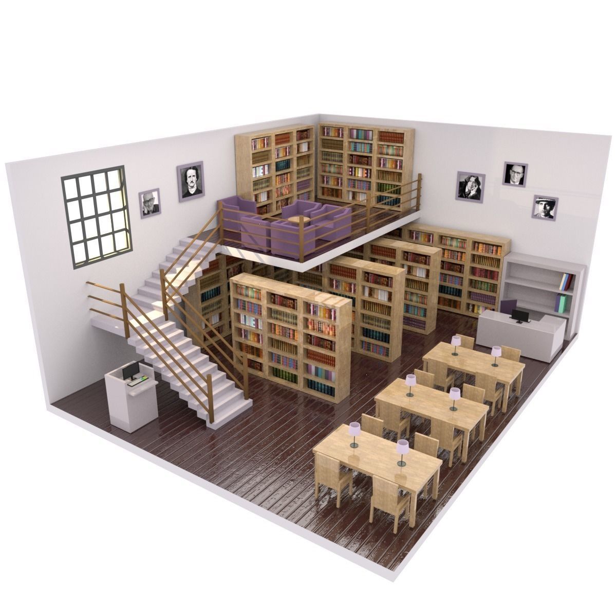 Library with bookshelves and stairs Low-poly 3D model_0