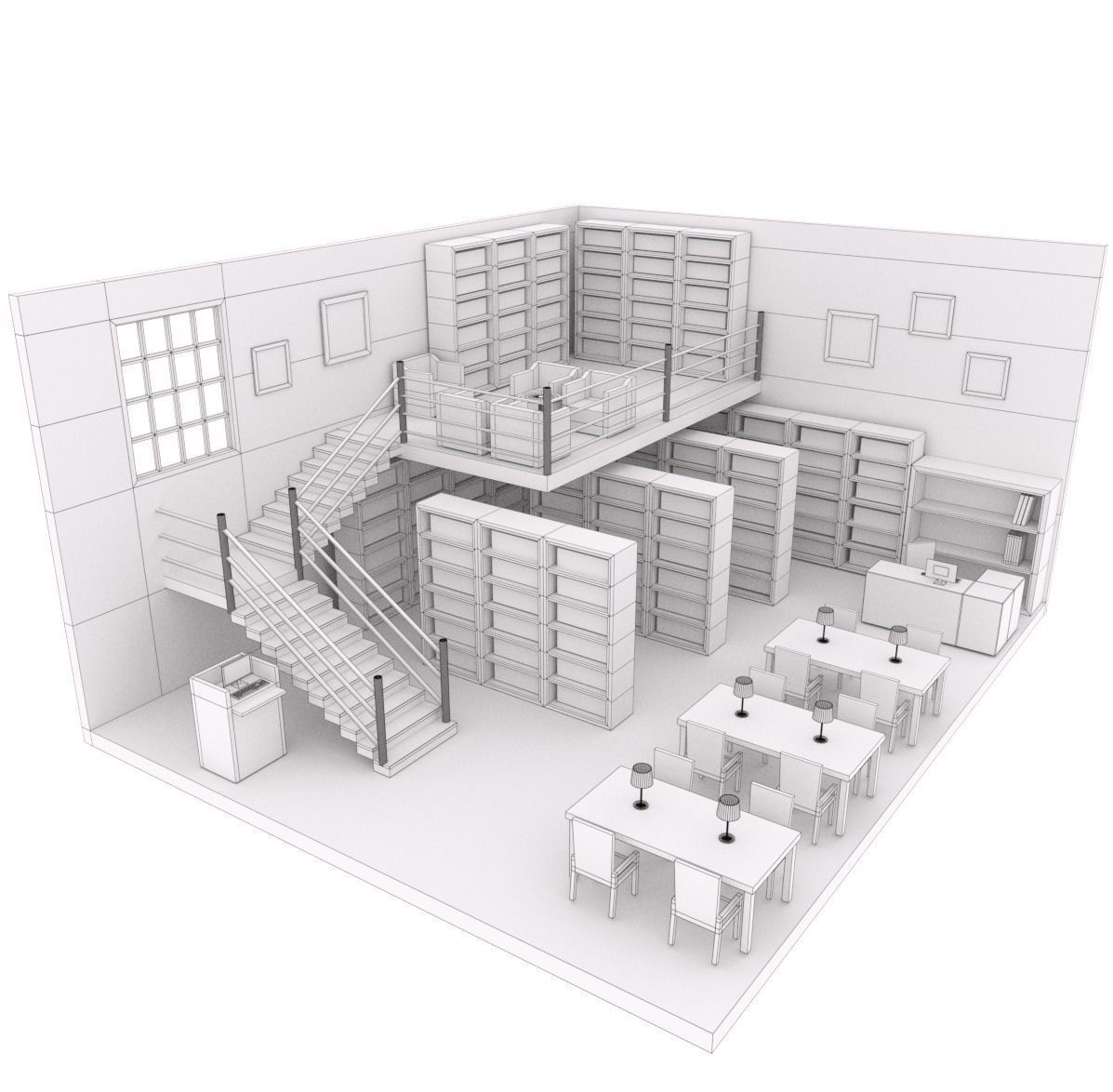 Library with bookshelves and stairs Low-poly 3D model_4