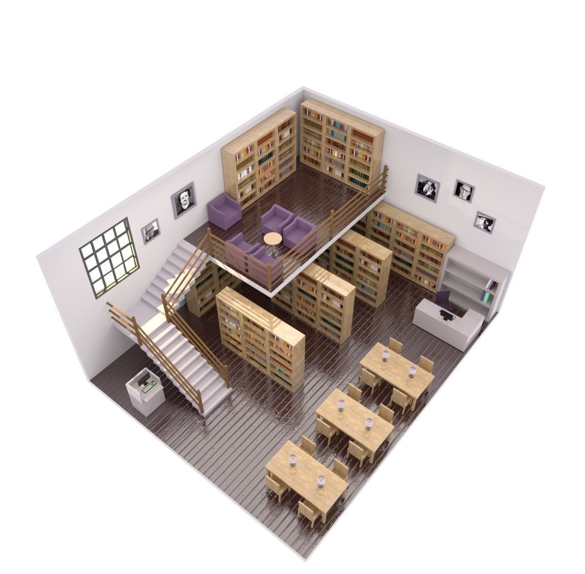 Library with bookshelves and stairs Low-poly 3D model_1