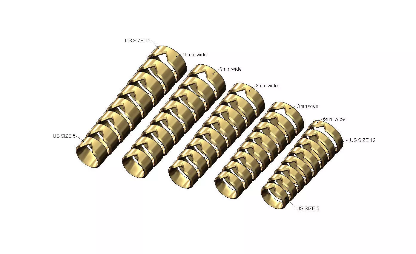 Collection set 6to10mm wide V notch band US sizes 5to12 3D print model