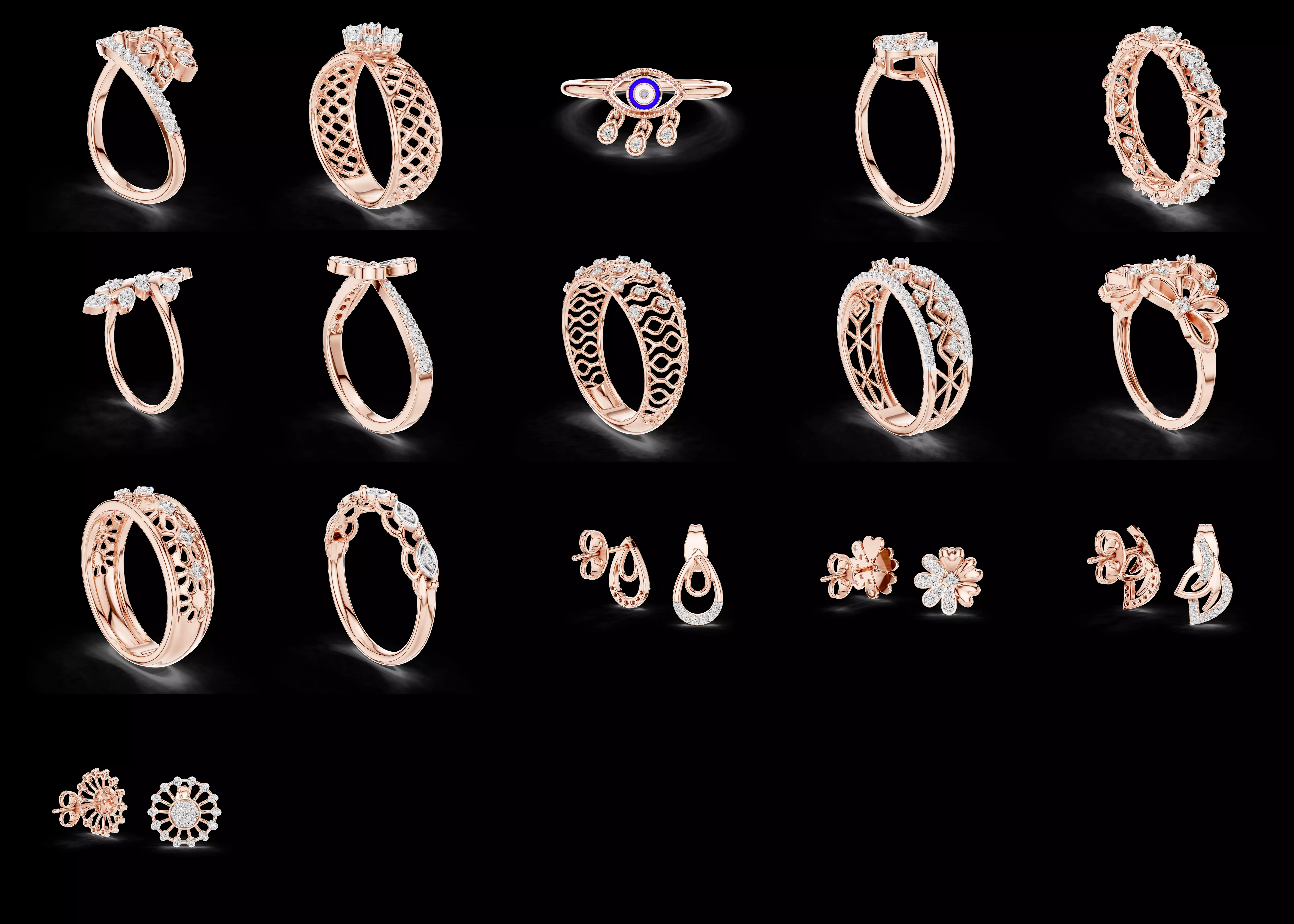 16 Designer Ring and Earring Set Bundle STL 3DM CAD Set 3D print model