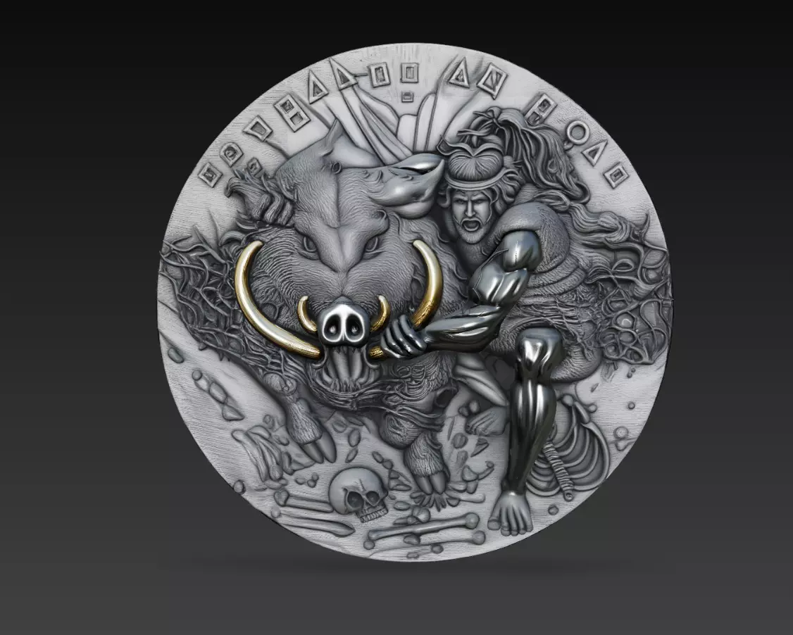 Mythological Warrior and Boar Medallion Relief 3D Model 3D print model