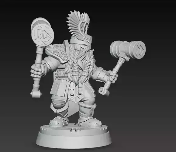 Dwarf Warrior Dual Hammer Fantasy Character Statue 3D Model