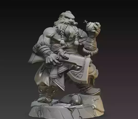 Dwarf Warrior Axe Bomb Fantasy Character Statue 3D Model