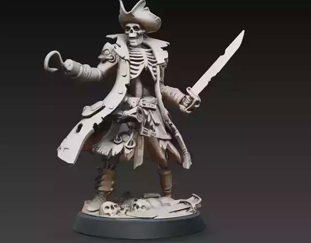 Skeleton Pirate Captain Sword Hook Fantasy Statue 3D Model