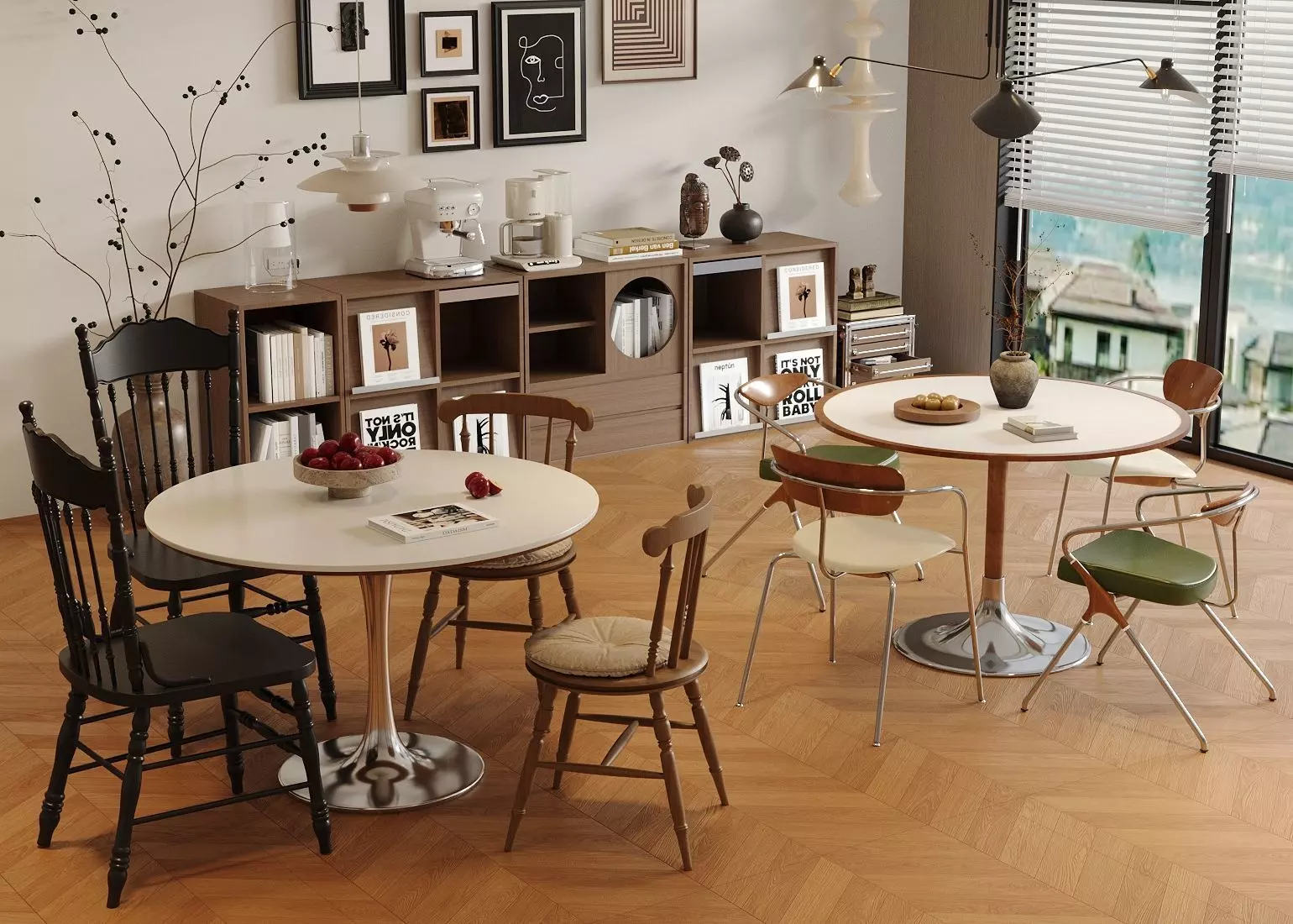 Vintage round dining table and chairs 3D model