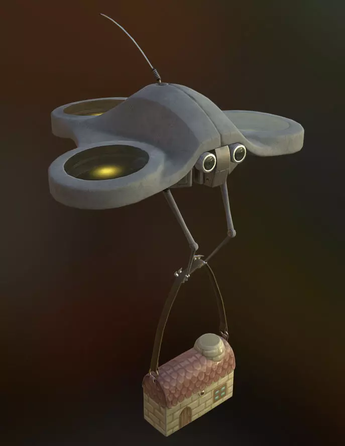 Carry-E flying robot with house Low-poly 3D model_0