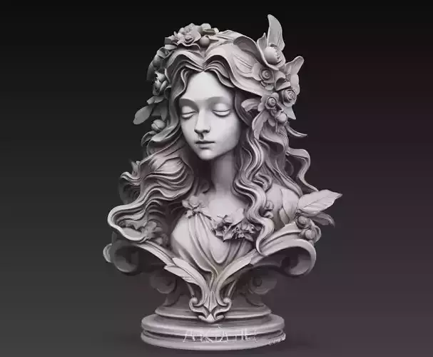 Floral Female Bust Elegant Woman Sculpture 3D Model