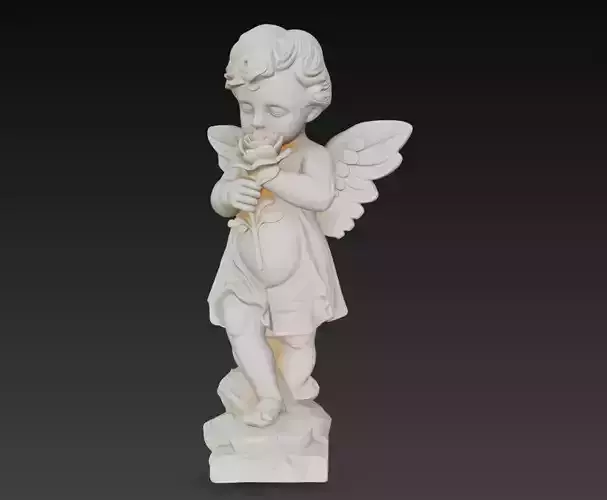 Cherub Angel Baby Statue Holding Rose Sculpture 3D Model