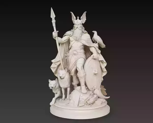 Norse God Odin Statue Raven Wolves Allfather Viking Sculpture 