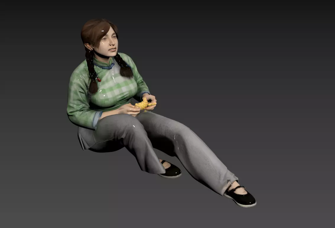 126- Chinese Style Scene - Rural Girl Breaking Corn 3D model