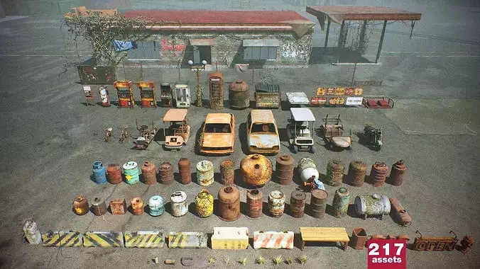 Post-Apocalyptic Junkyard Rusty Gas Station Props Pack 