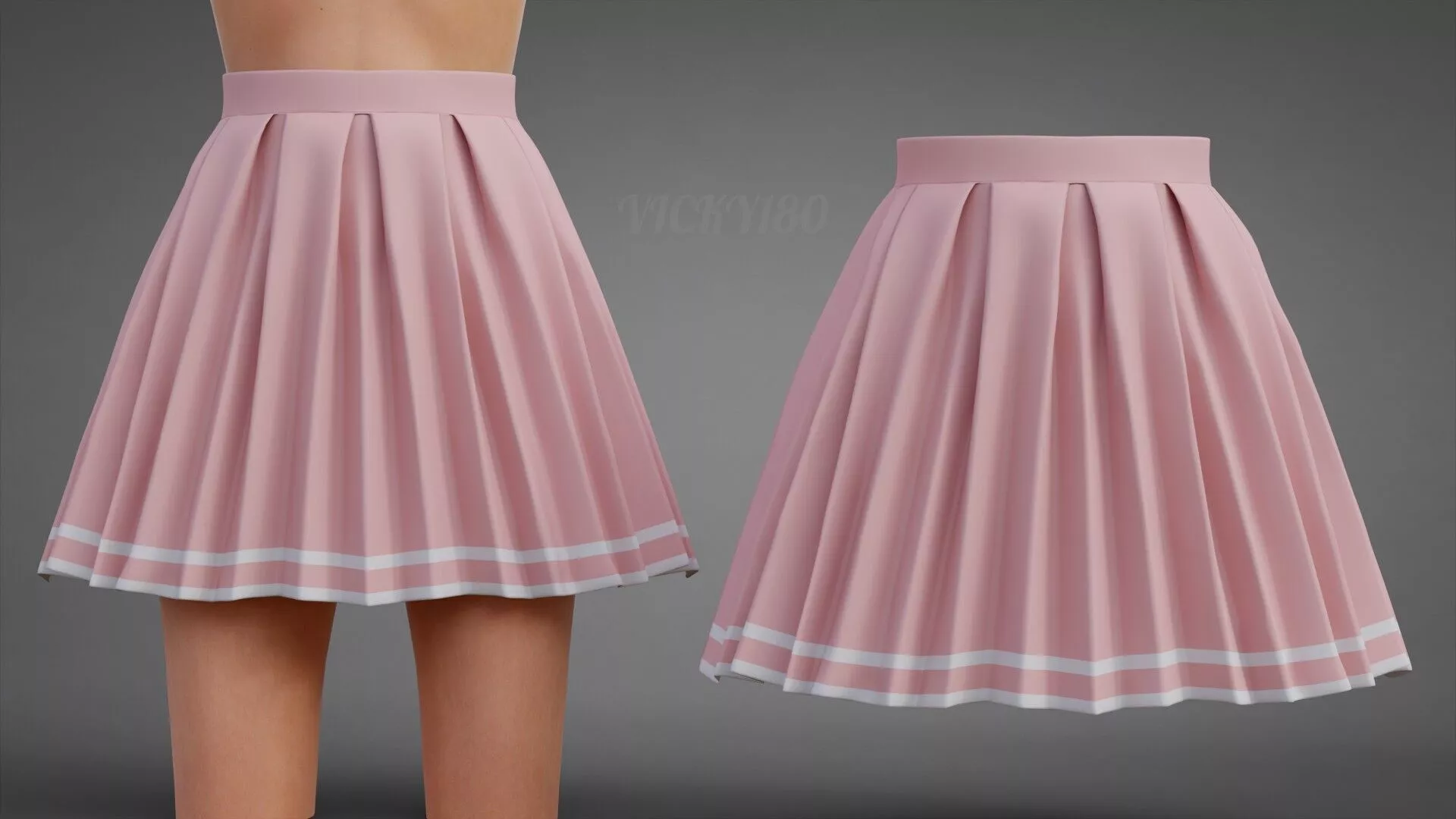 Tennis Pleated Skirt - Pink and White Striped Mini Skirt Low-poly 3D model