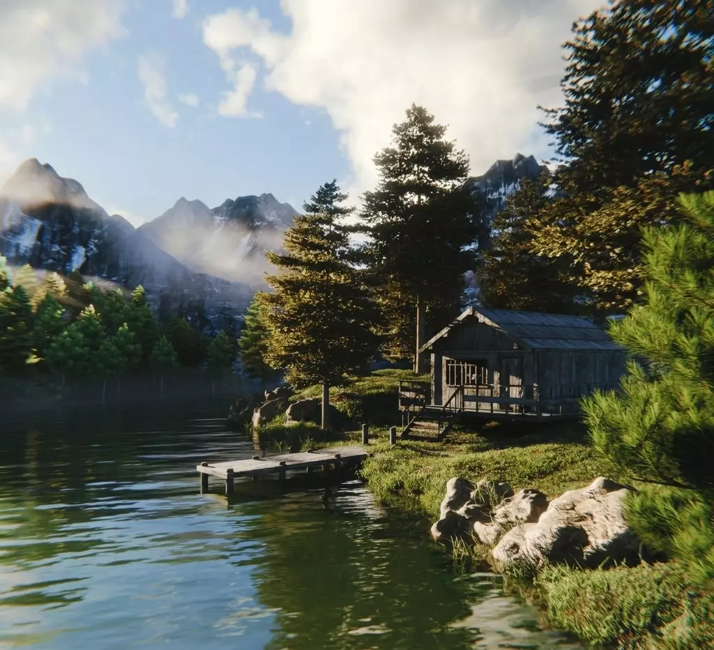 Photorealistic Alpine Lakeside Cabin Environment - Forest Scene 3D model