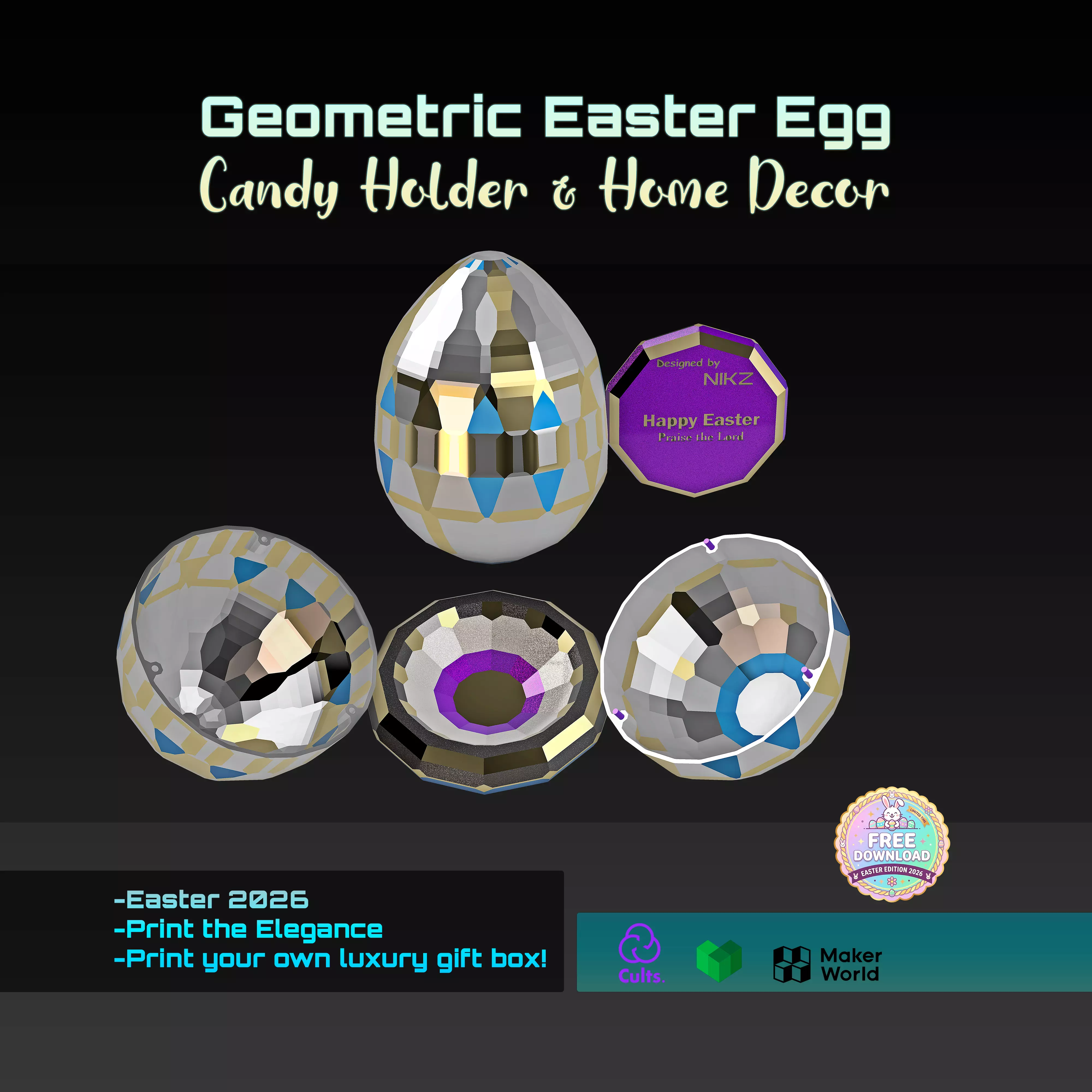 Geometric Low-Poly Easter Egg - Candy Holder - Home Decor Free 3D print model