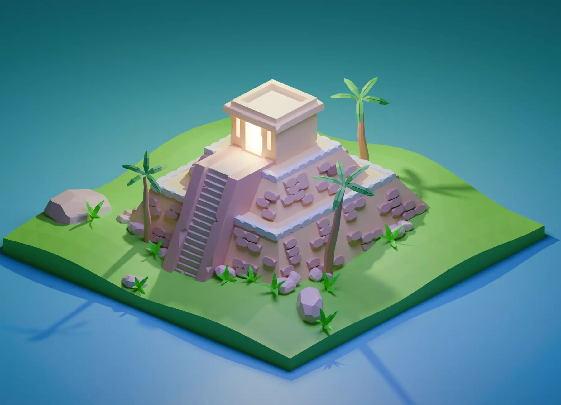 Stylized Low Poly Mayan Pyramid Scene Free low-poly 3D model