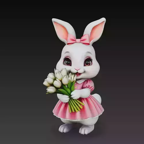 Stylized Cute Bunny Girl with Flowers Easter Rabbit Character 3D