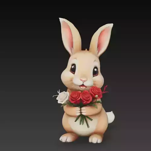 Cute Bunny Holding Roses Romantic Rabbit Figurine 3D