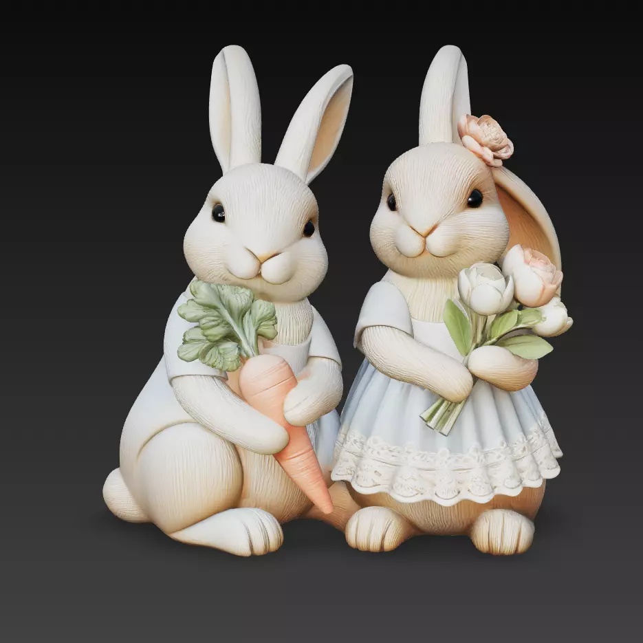 Cute Bunny Couple Easter Figurine Rabbit Pair Sculpture 3D 3D print model