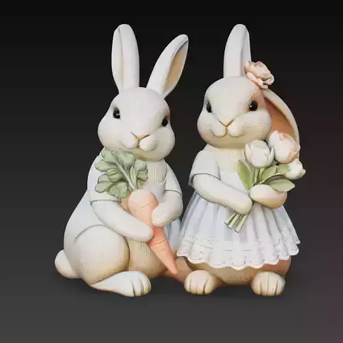 Cute Bunny Couple Easter Figurine Rabbit Pair Sculpture 3D