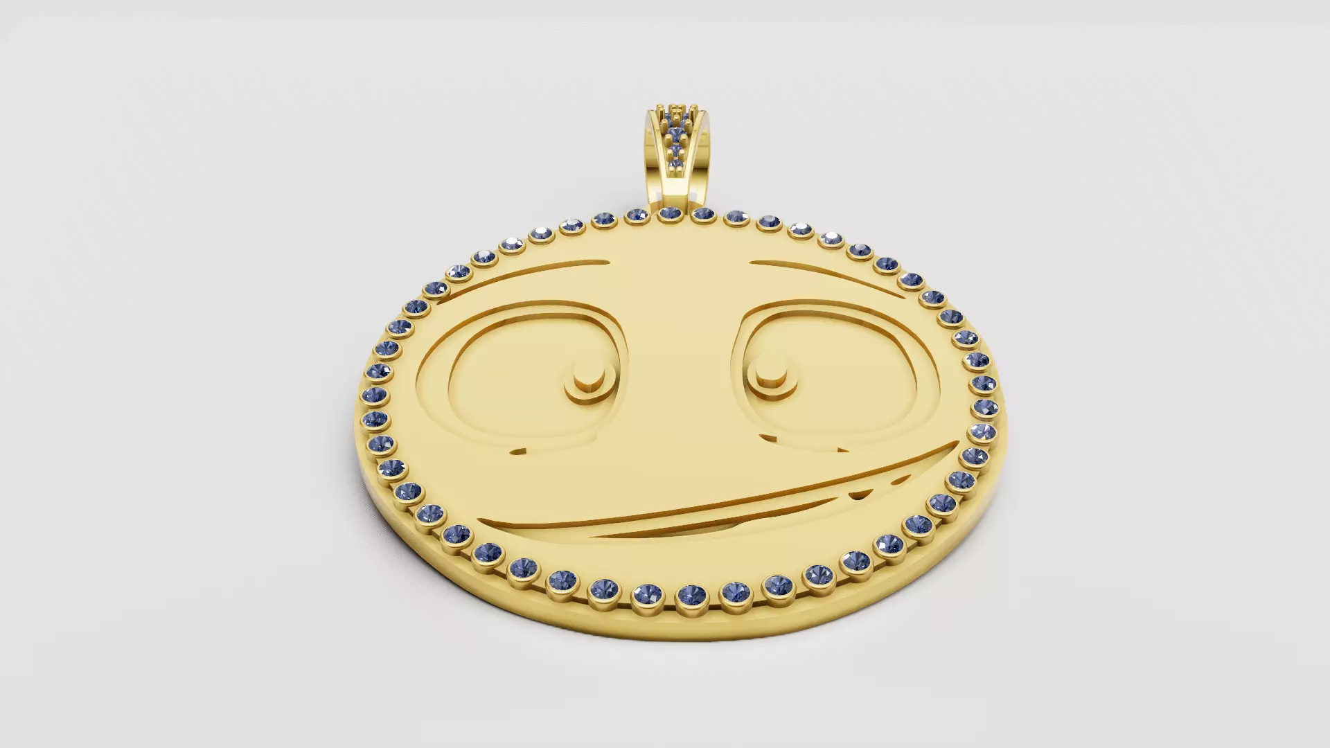 Title Golden Emoji Smirk Blue Sapphire Medallion 3D print model