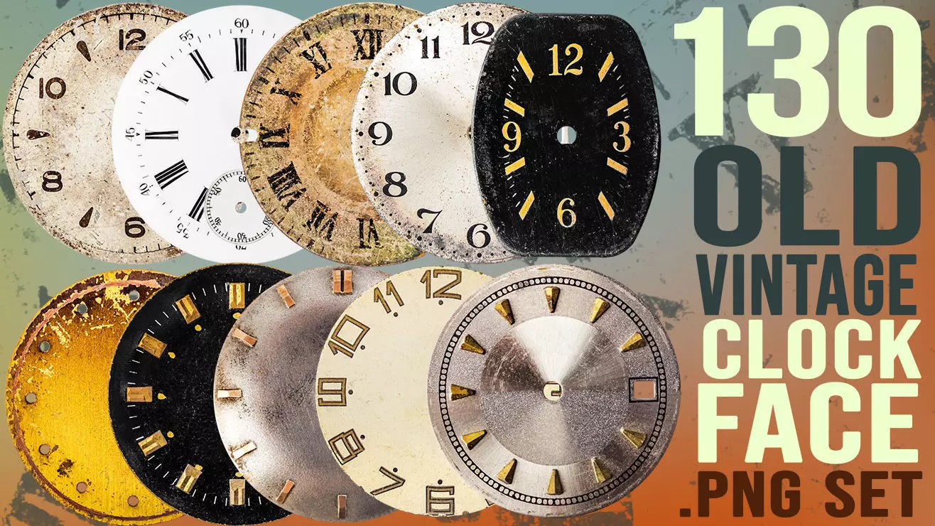 130 old vintage watch or clock face png set Texture