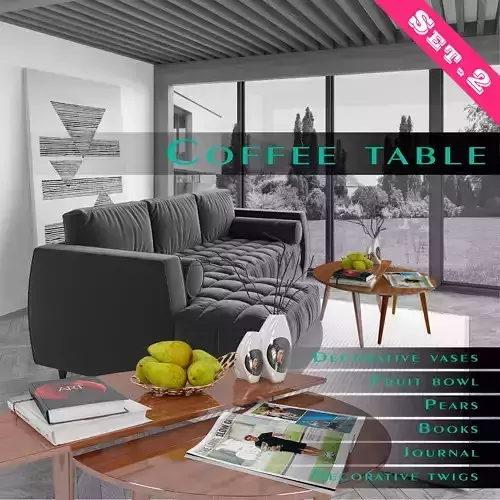 Furniture SET 2 coffee table with magazine and fruit 3D model